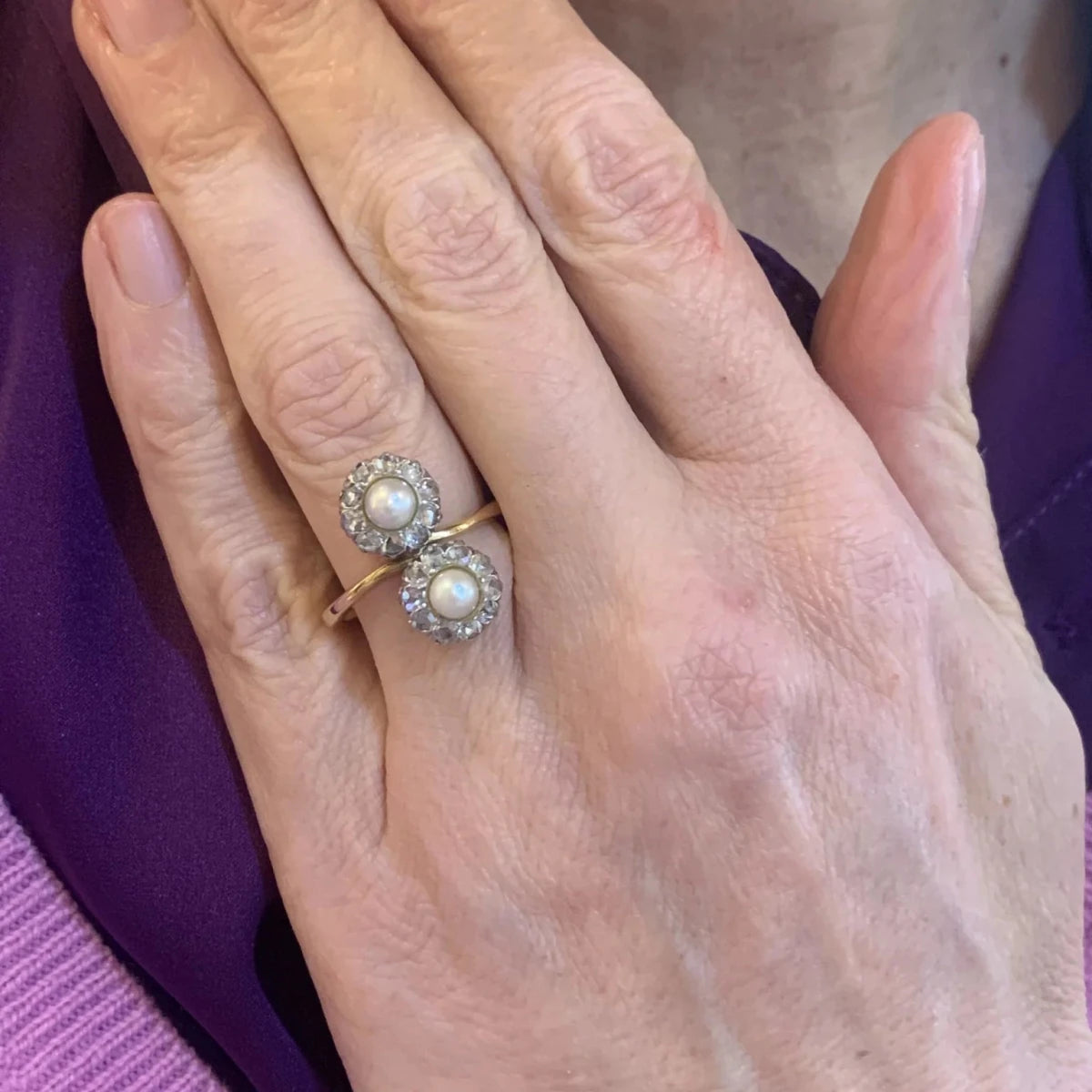 Bague Toi & Moi en or jaune, platine, perles et diamants - Castafiore