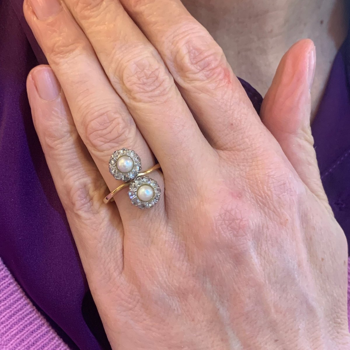 Bague Toi & Moi en or jaune, platine, perles et diamants - Castafiore