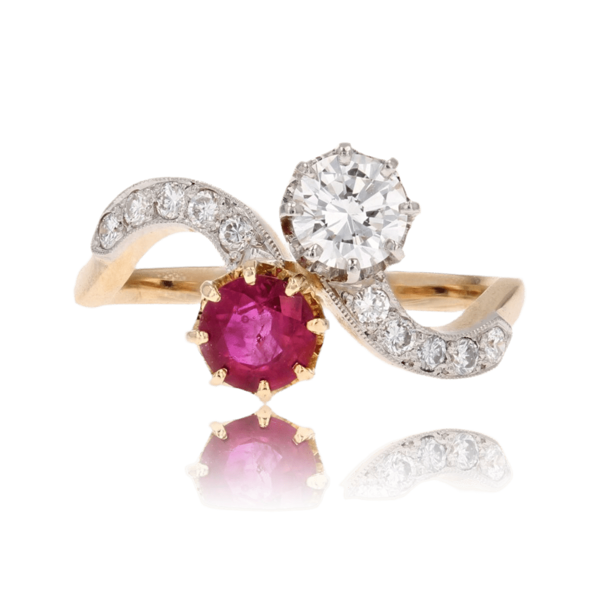 Bague Toi & Moi en or jaune, platine, rubis et diamants - Castafiore