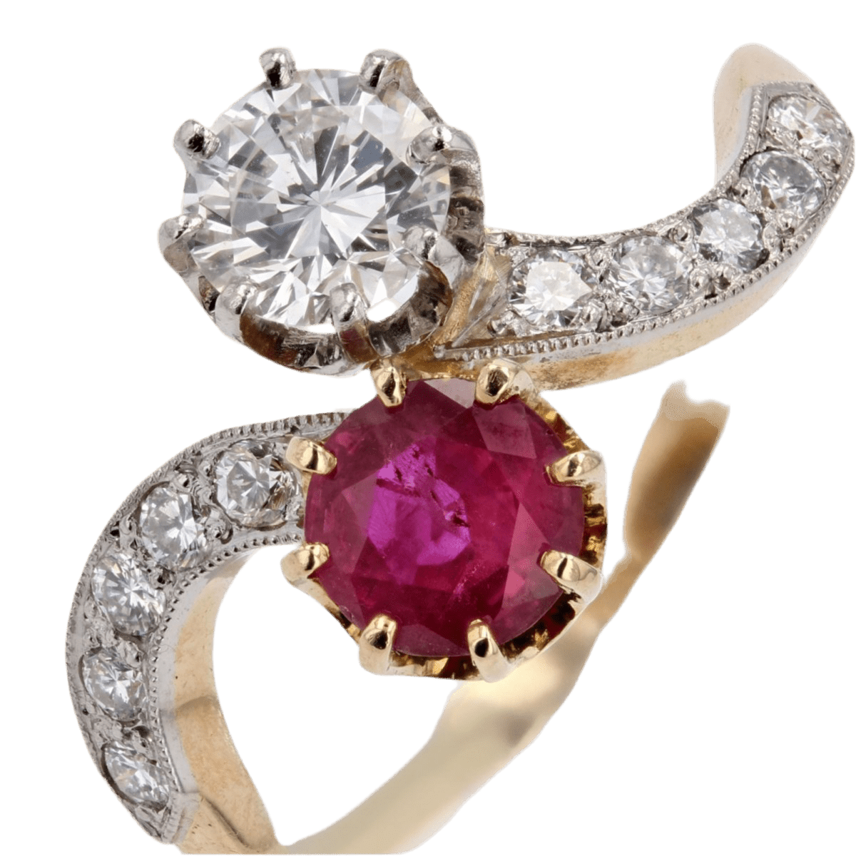 Bague Toi & Moi en or jaune, platine, rubis et diamants - Castafiore