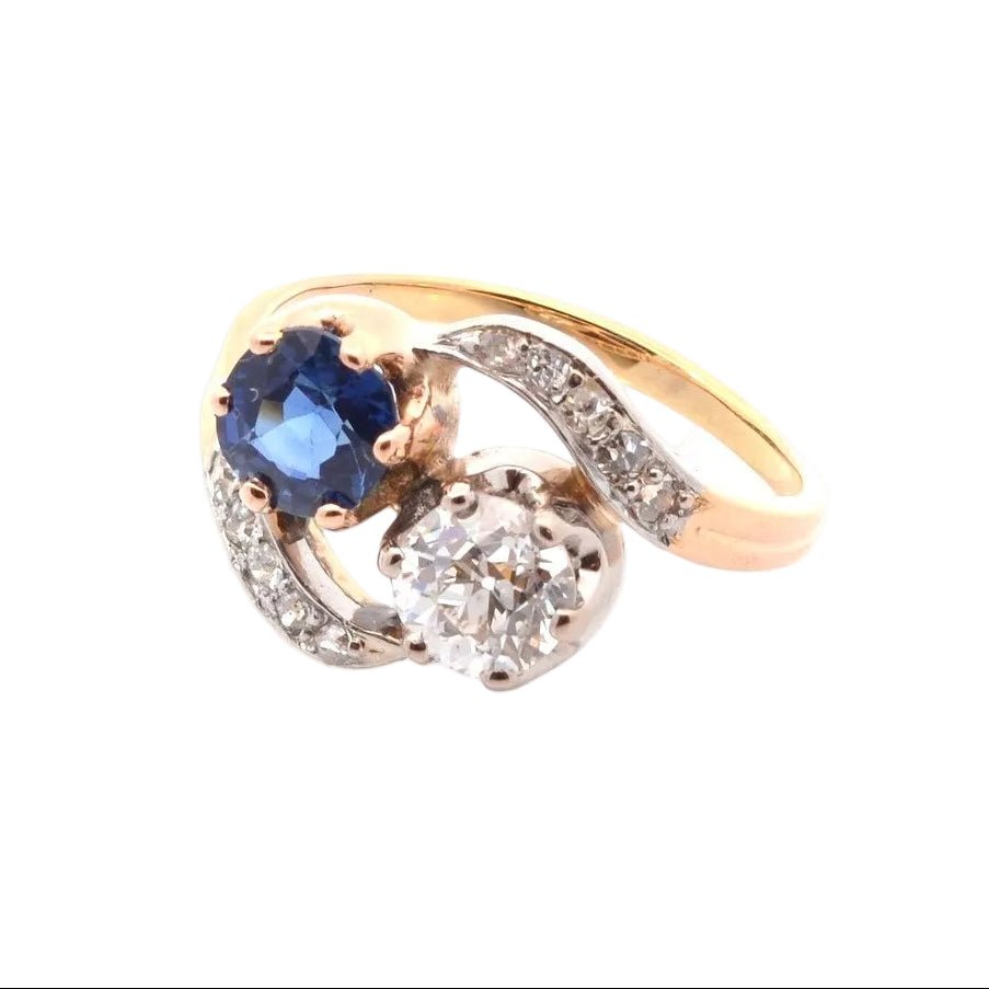 Bague Toi & Moi en or jaune, platine, saphir et diamants - Castafiore