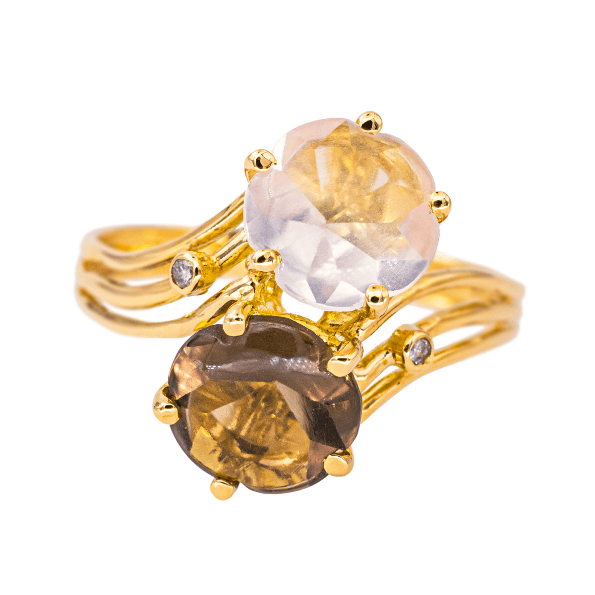 Bague Toi & Moi en or jaune, quartz et diamants - Castafiore