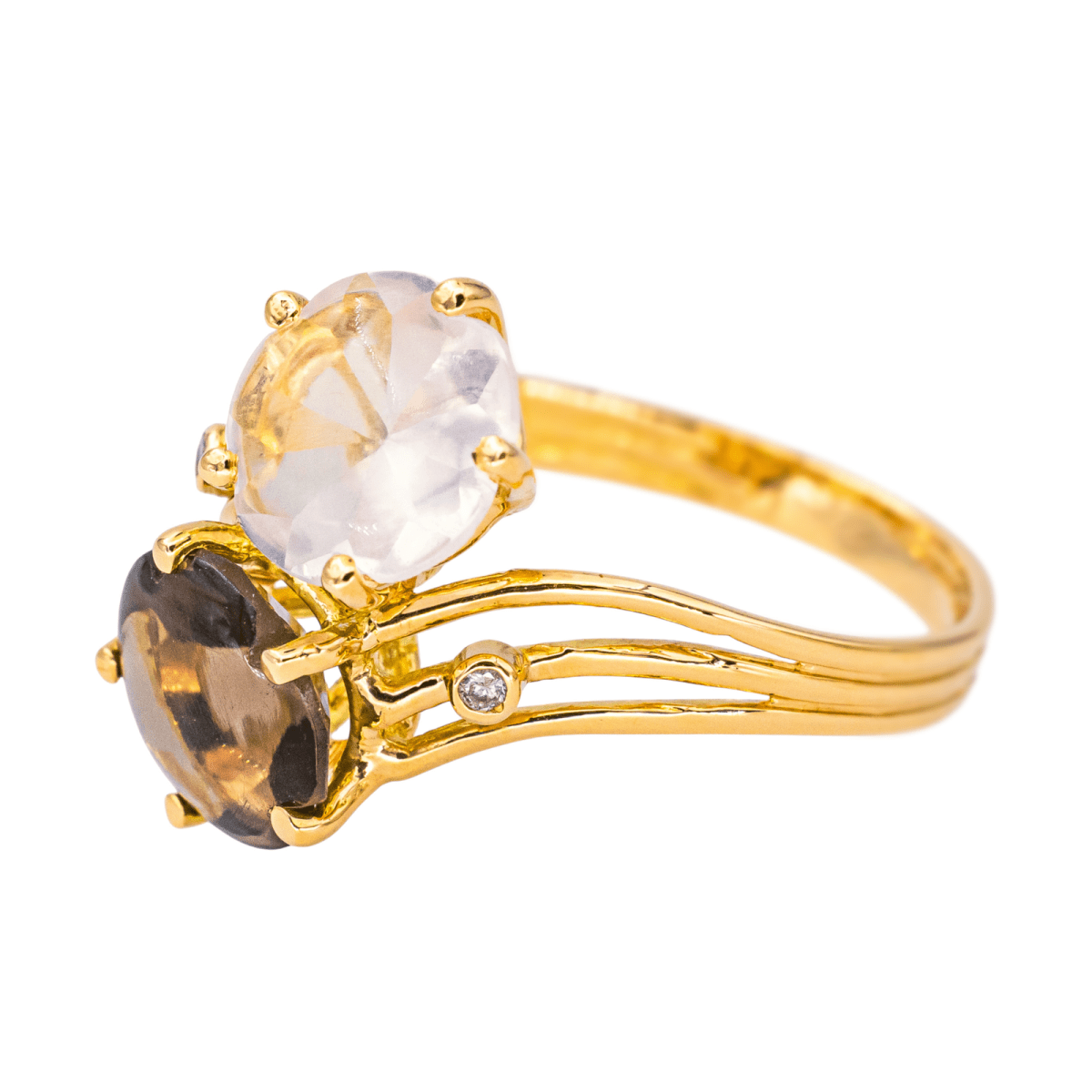 Bague Toi & Moi en or jaune, quartz et diamants - Castafiore