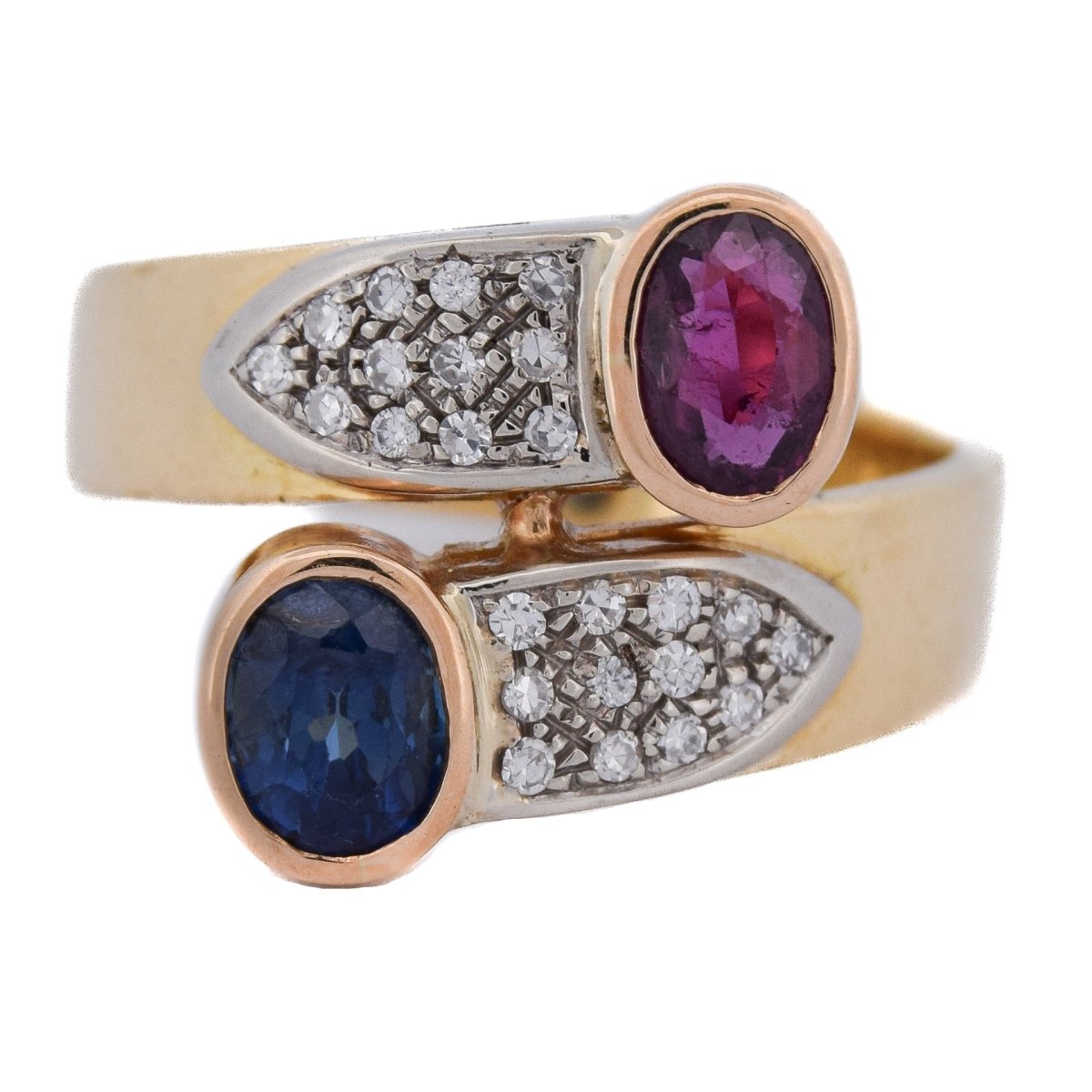 Bague Toi & Moi en or jaune, rubis, saphir et diamants - Castafiore