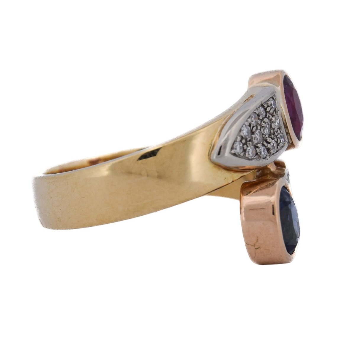 Bague Toi & Moi en or jaune, rubis, saphir et diamants - Castafiore