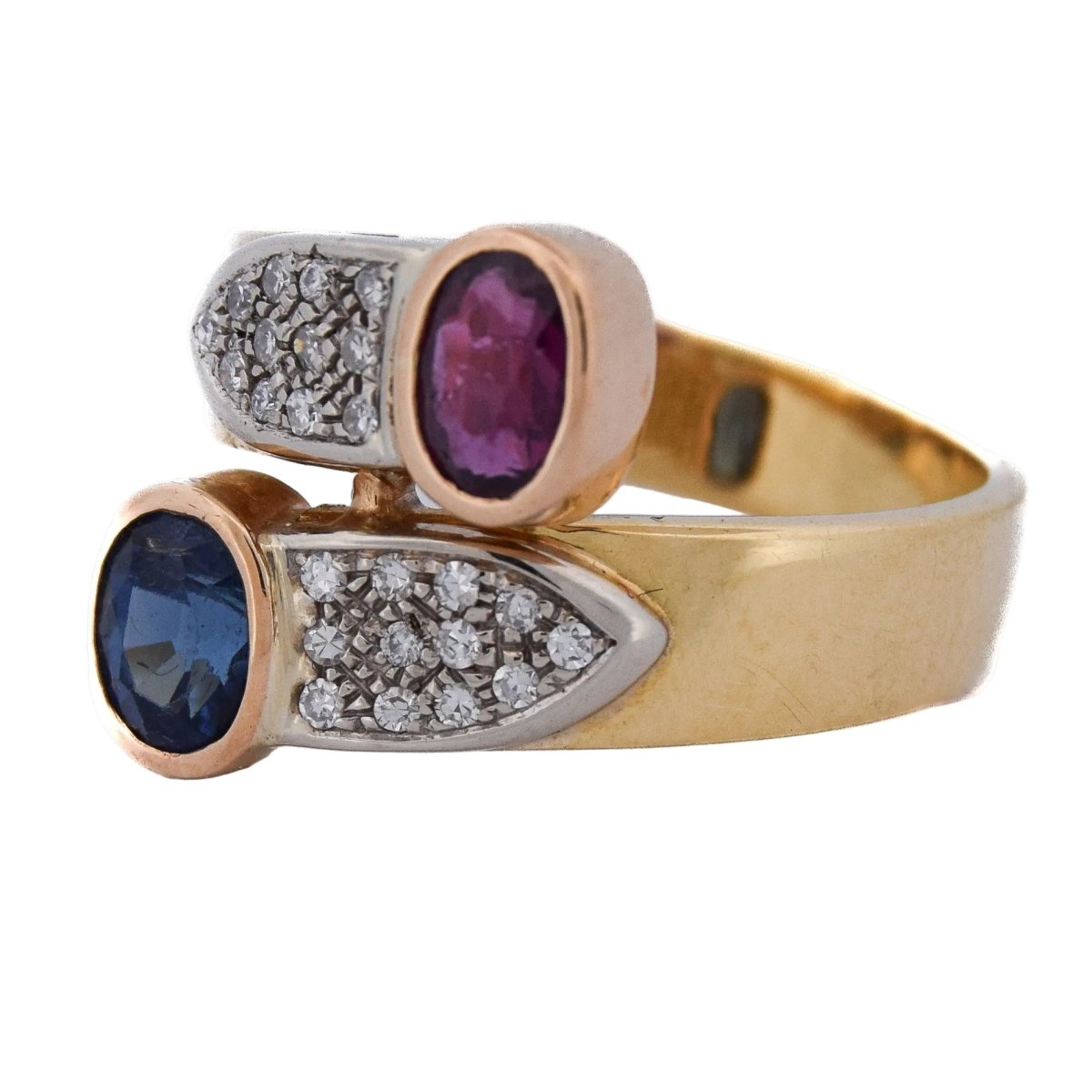 Bague Toi & Moi en or jaune, rubis, saphir et diamants - Castafiore