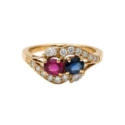 Bague Toi & Moi en or jaune, saphir, rubis et diamants - Castafiore