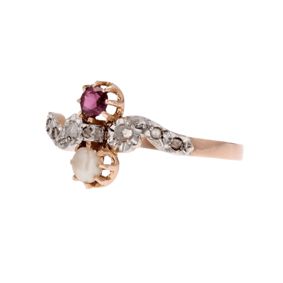 Bague Toi & Moi en or rose, grenat, perle et diamants - Castafiore