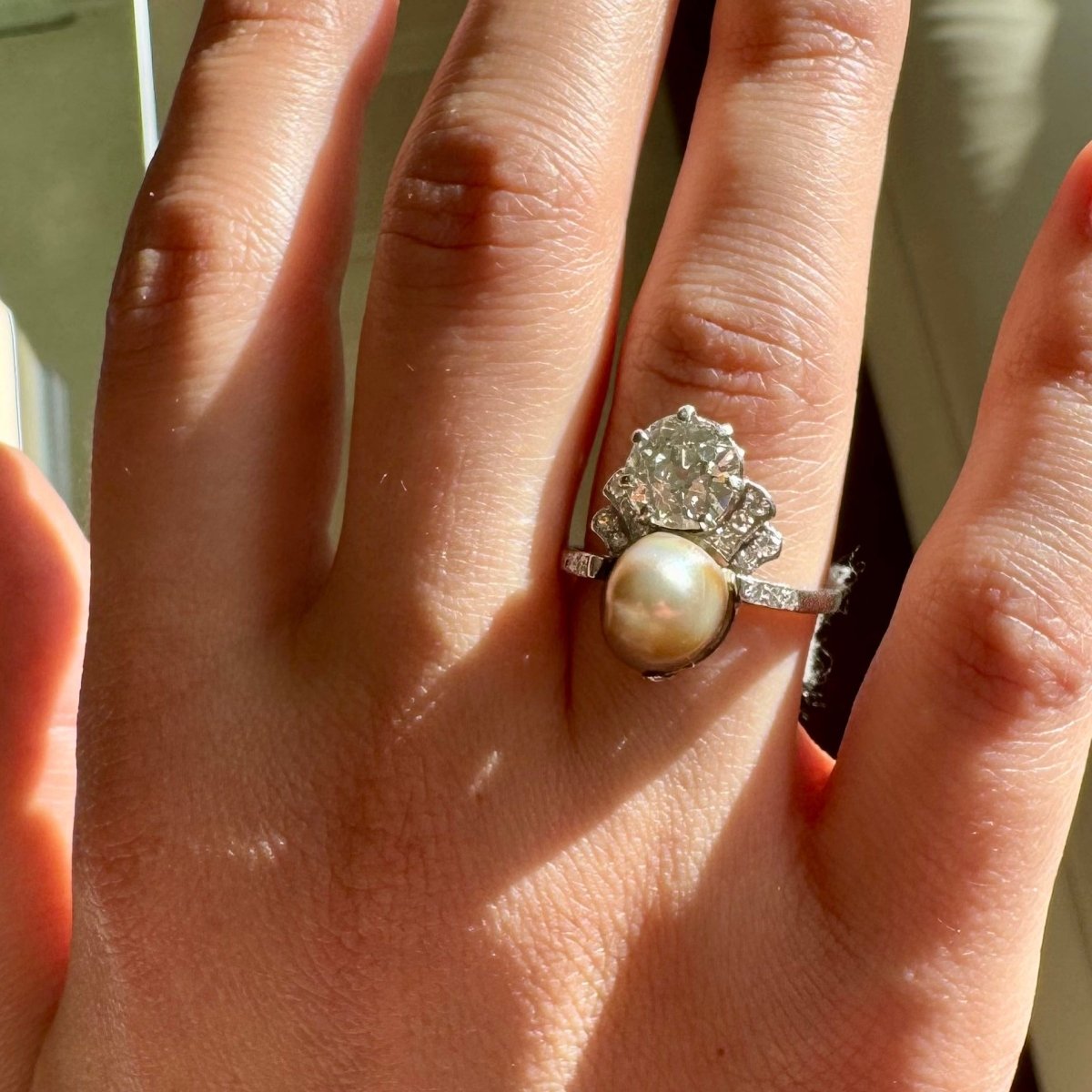 Bague Toi & Moi en platine, perle et diamants - Castafiore