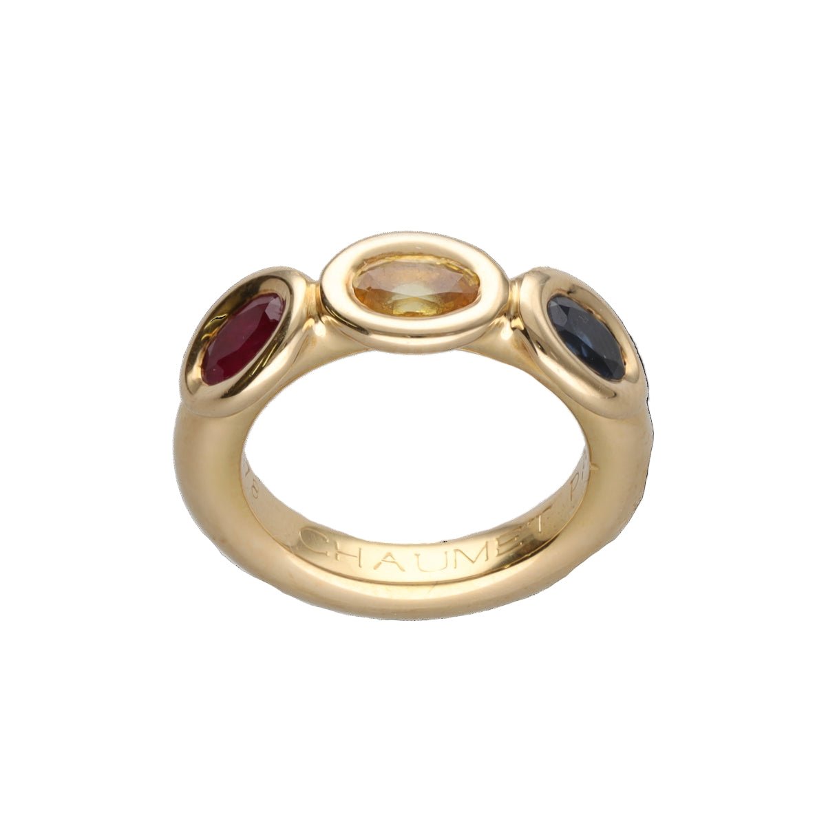 Bague Trilogie CHAUMET en or jaune, saphir et rubis - Castafiore