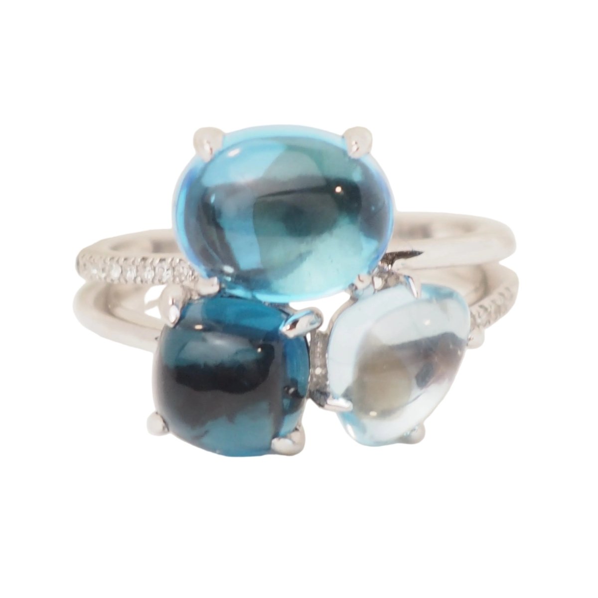 Bague Trilogie en or blanc, aigue-marine, topazes et diamants - Castafiore