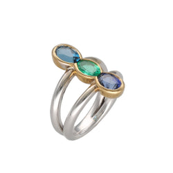 Bague Trilogie en or blanc, or jaune, émeraude, saphir et topaze - Castafiore