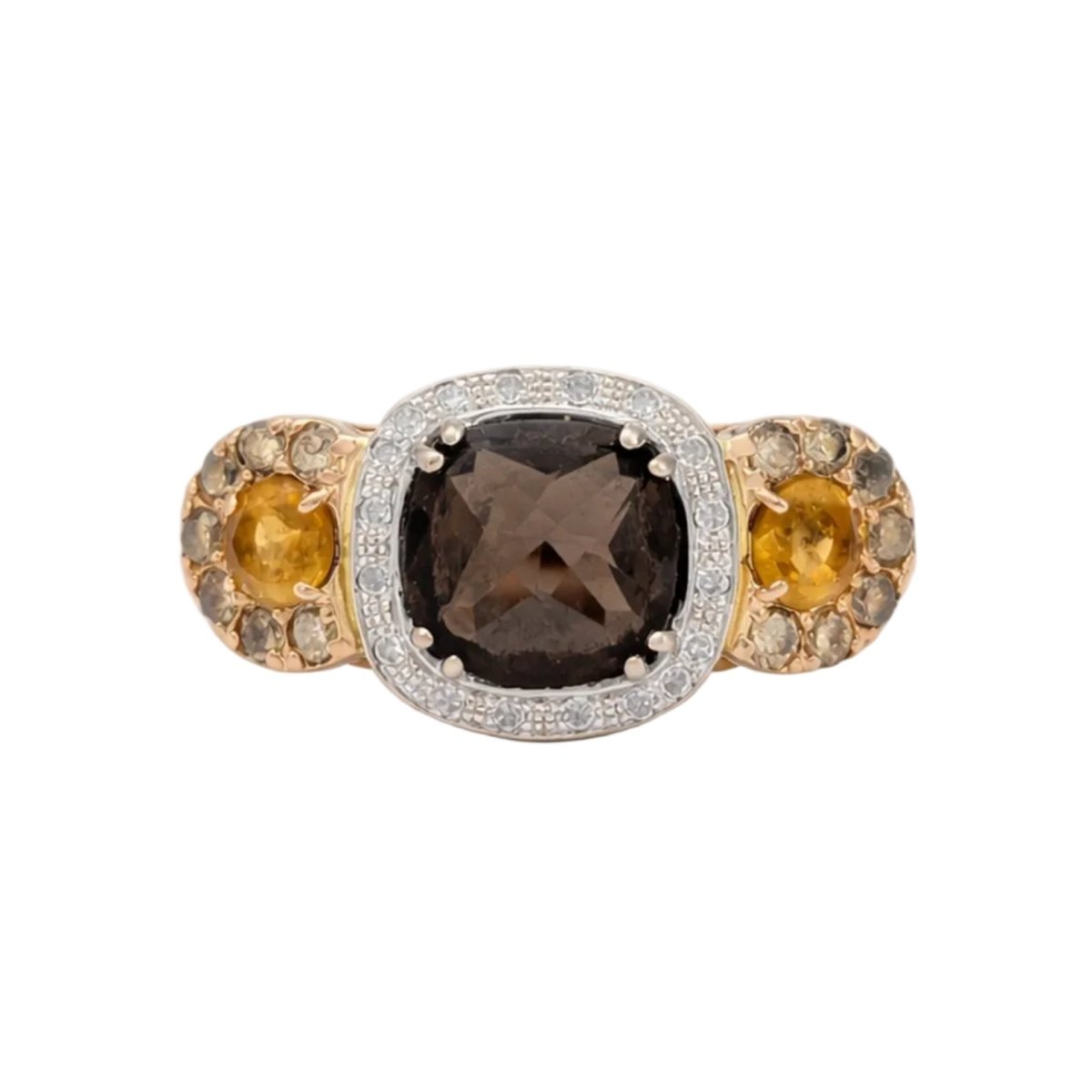 Bague Trilogie en or blanc, or rose, quartz, citrines et diamants - Castafiore