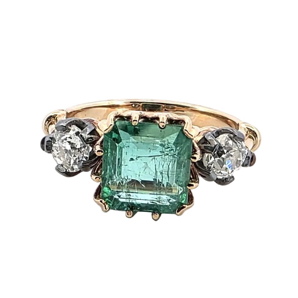 Bague Trilogie en or jaune, argent, émeraude et diamants - Castafiore