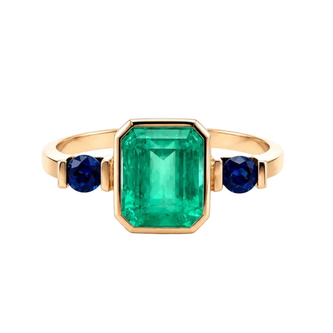 Bague Trilogie en or jaune, émeraude et saphirs - Castafiore