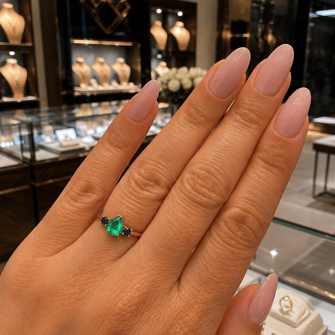 Bague Trilogie en or jaune, émeraude et saphirs - Castafiore