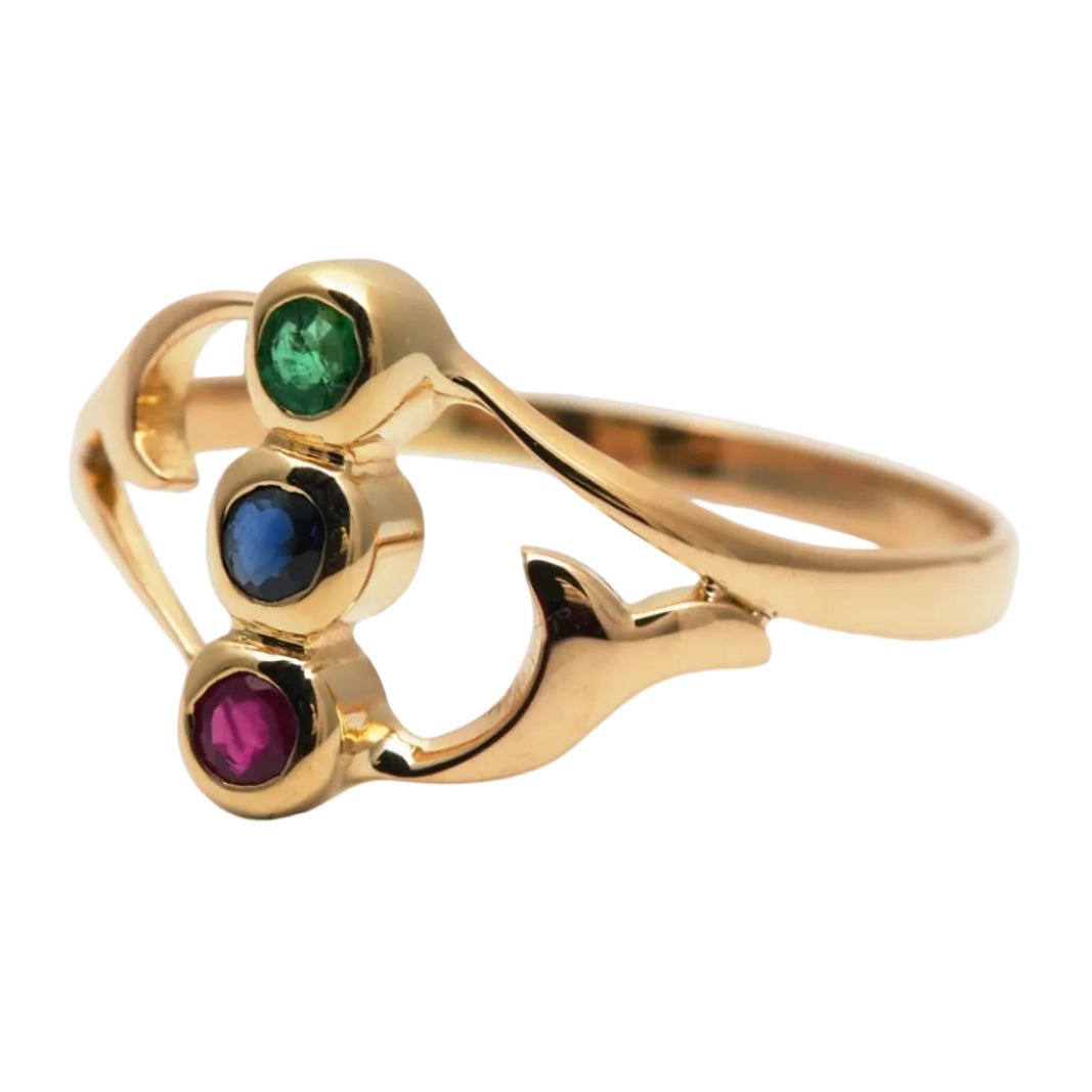Bague Trilogie en or jaune, émeraude, saphir et rubis - Castafiore