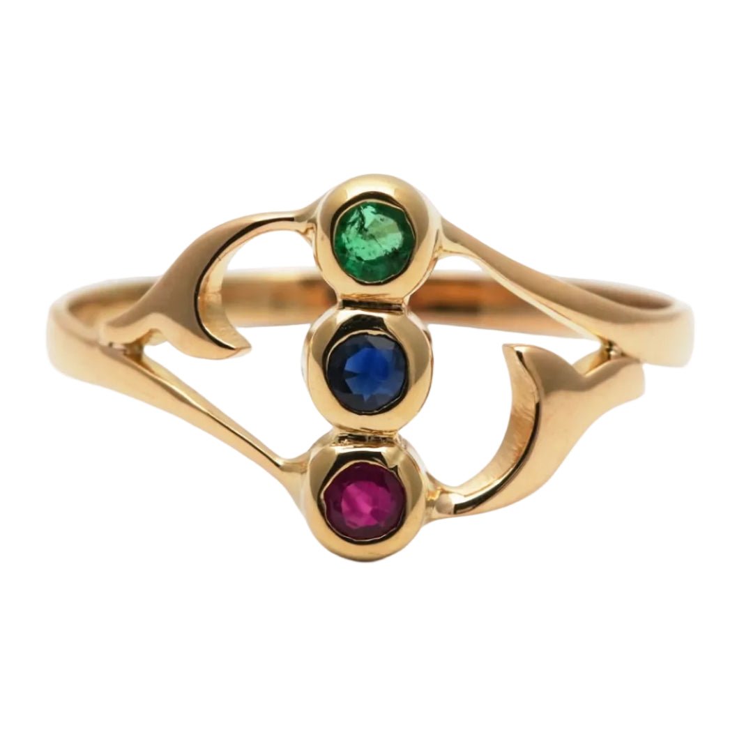 Bague Trilogie en or jaune, émeraude, saphir et rubis - Castafiore