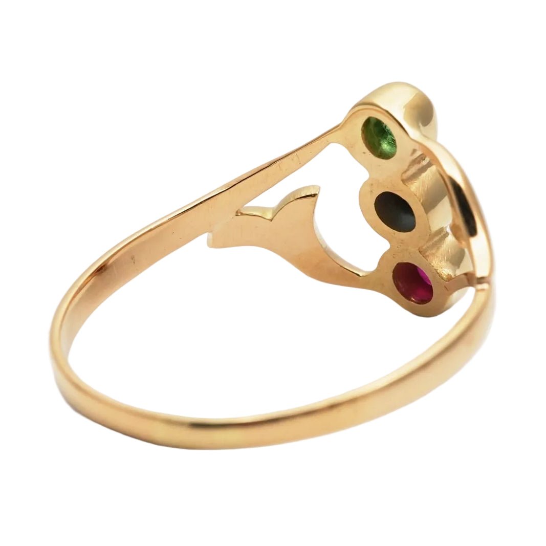 Bague Trilogie en or jaune, émeraude, saphir et rubis - Castafiore