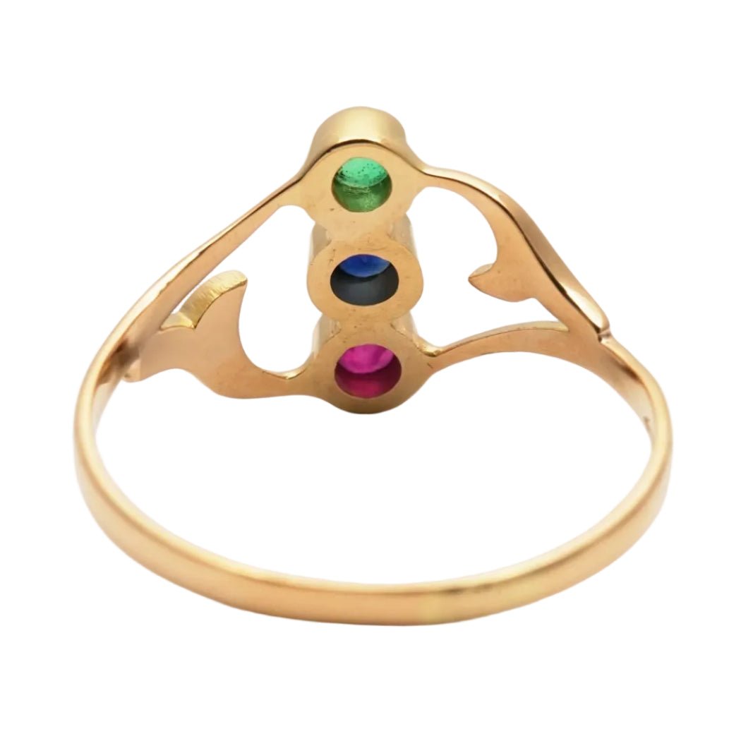 Bague Trilogie en or jaune, émeraude, saphir et rubis - Castafiore