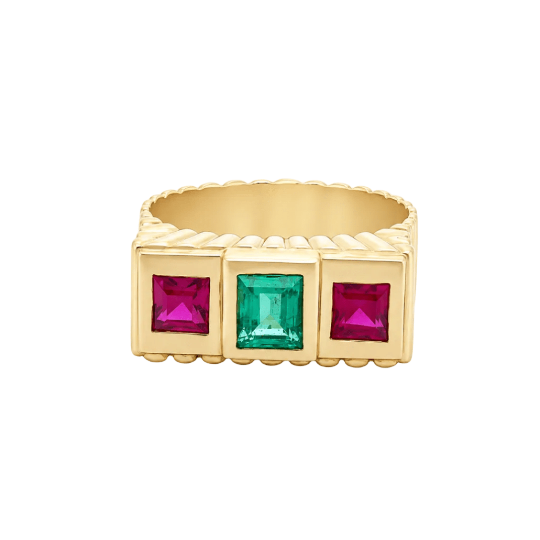 Bague Trilogie en or jaune, émeraudes et rubis - Castafiore