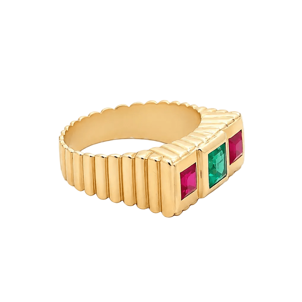 Bague Trilogie en or jaune, émeraudes et rubis - Castafiore