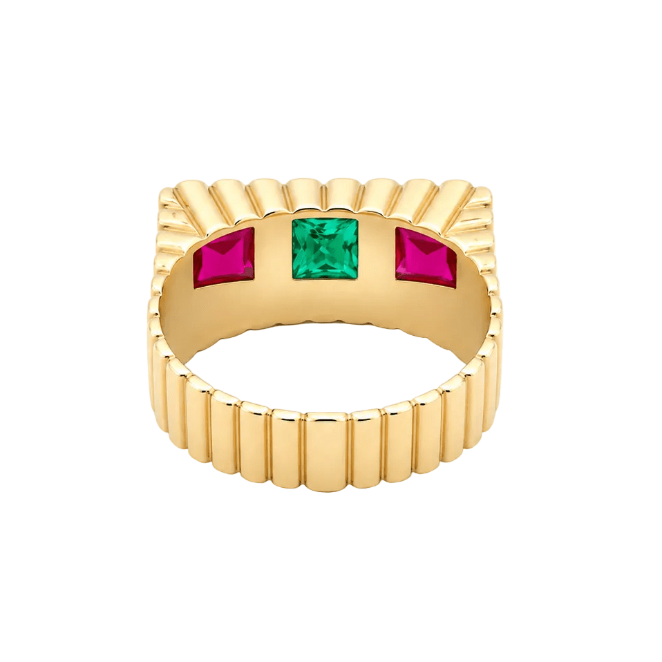 Bague Trilogie en or jaune, émeraudes et rubis - Castafiore