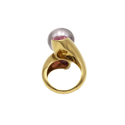 Bague Trilogie en or jaune, perle et tourmalines - Castafiore