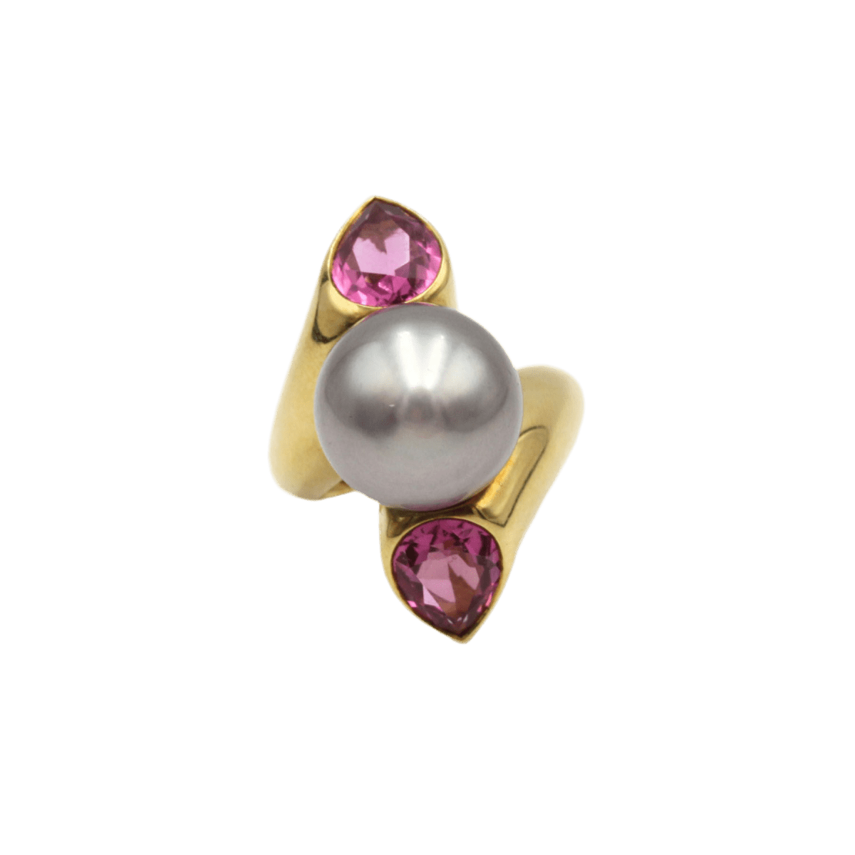 Bague Trilogie en or jaune, perle et tourmalines - Castafiore