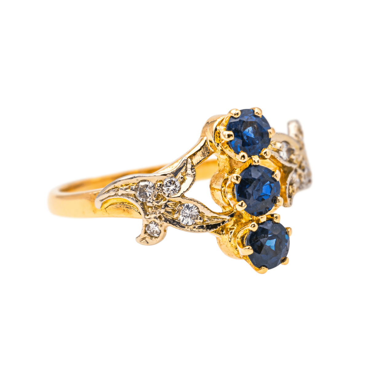 Bague Trilogie en or jaune, saphirs et diamants - Castafiore
