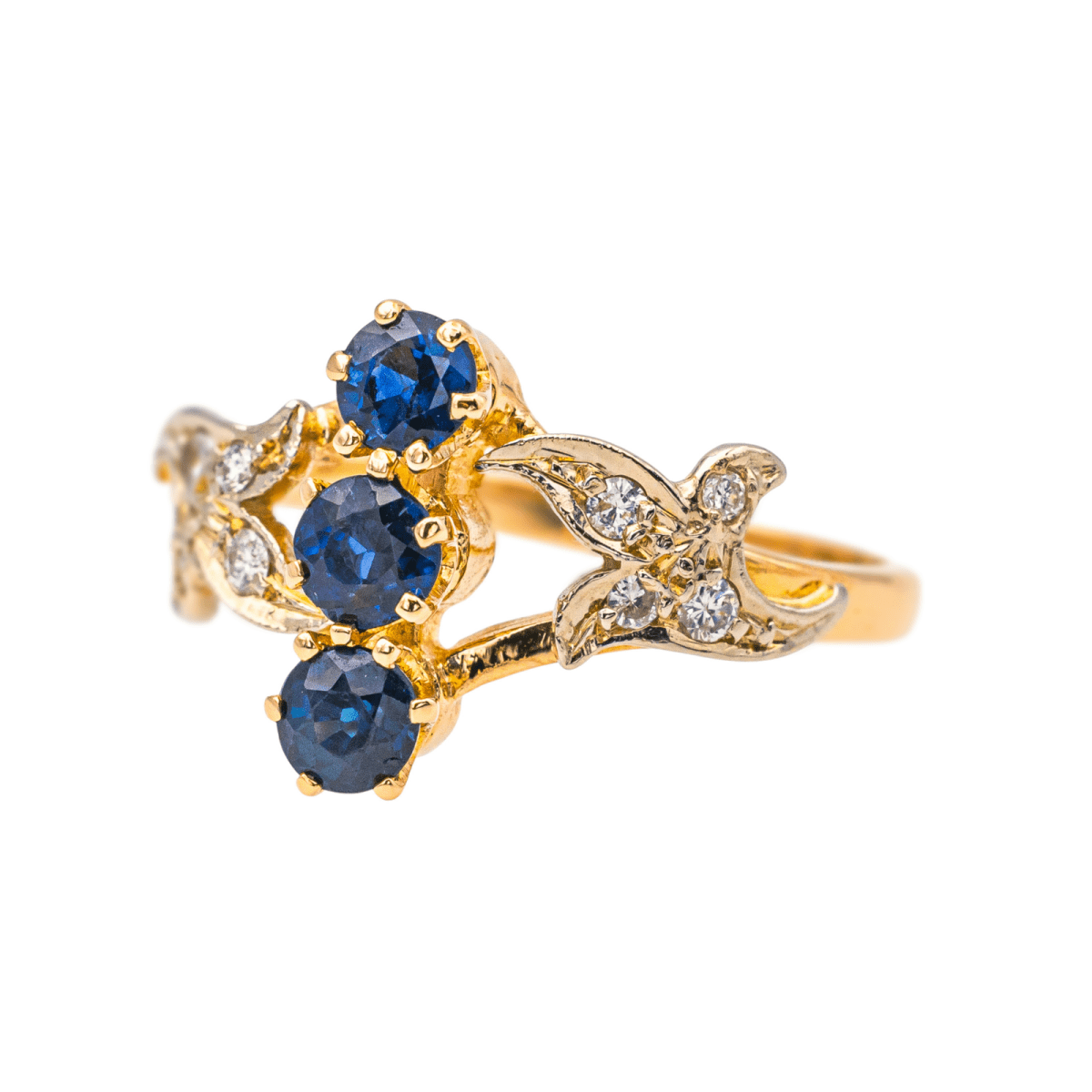 Bague Trilogie en or jaune, saphirs et diamants - Castafiore