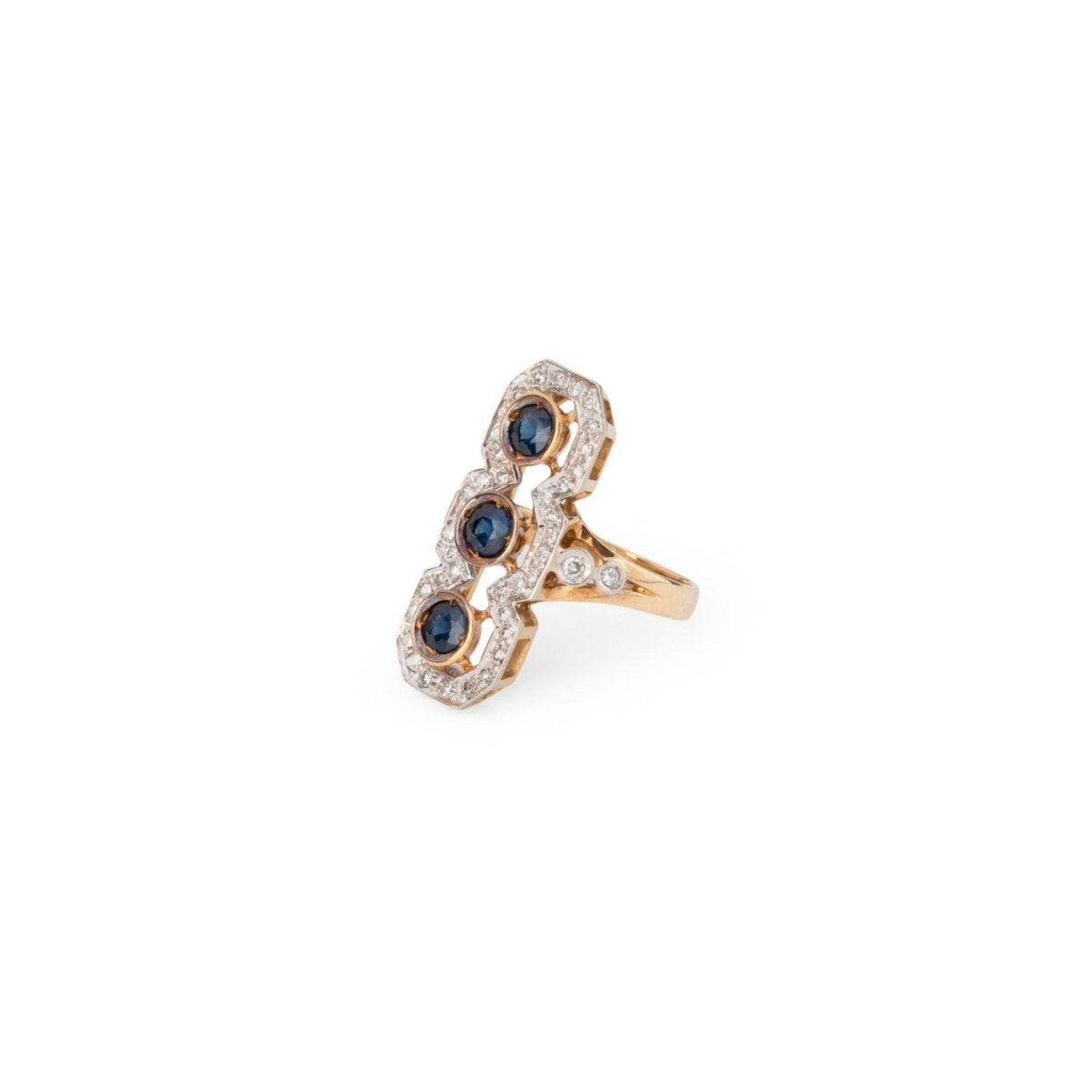 Bague Trilogie en or jaune, saphirs et diamants - Castafiore