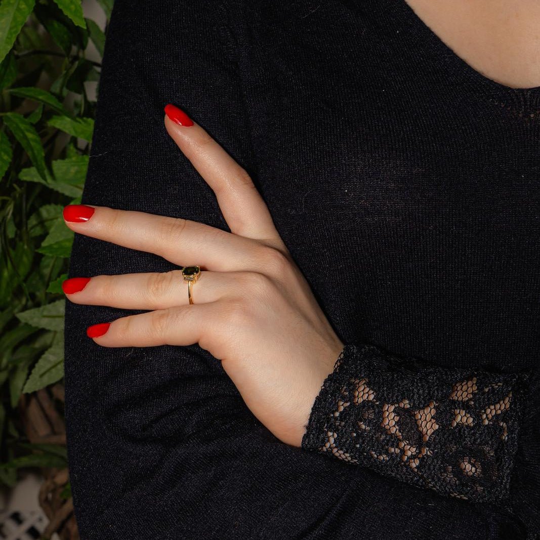 Bague Trilogie en or jaune, tourmaline et diamants - Castafiore