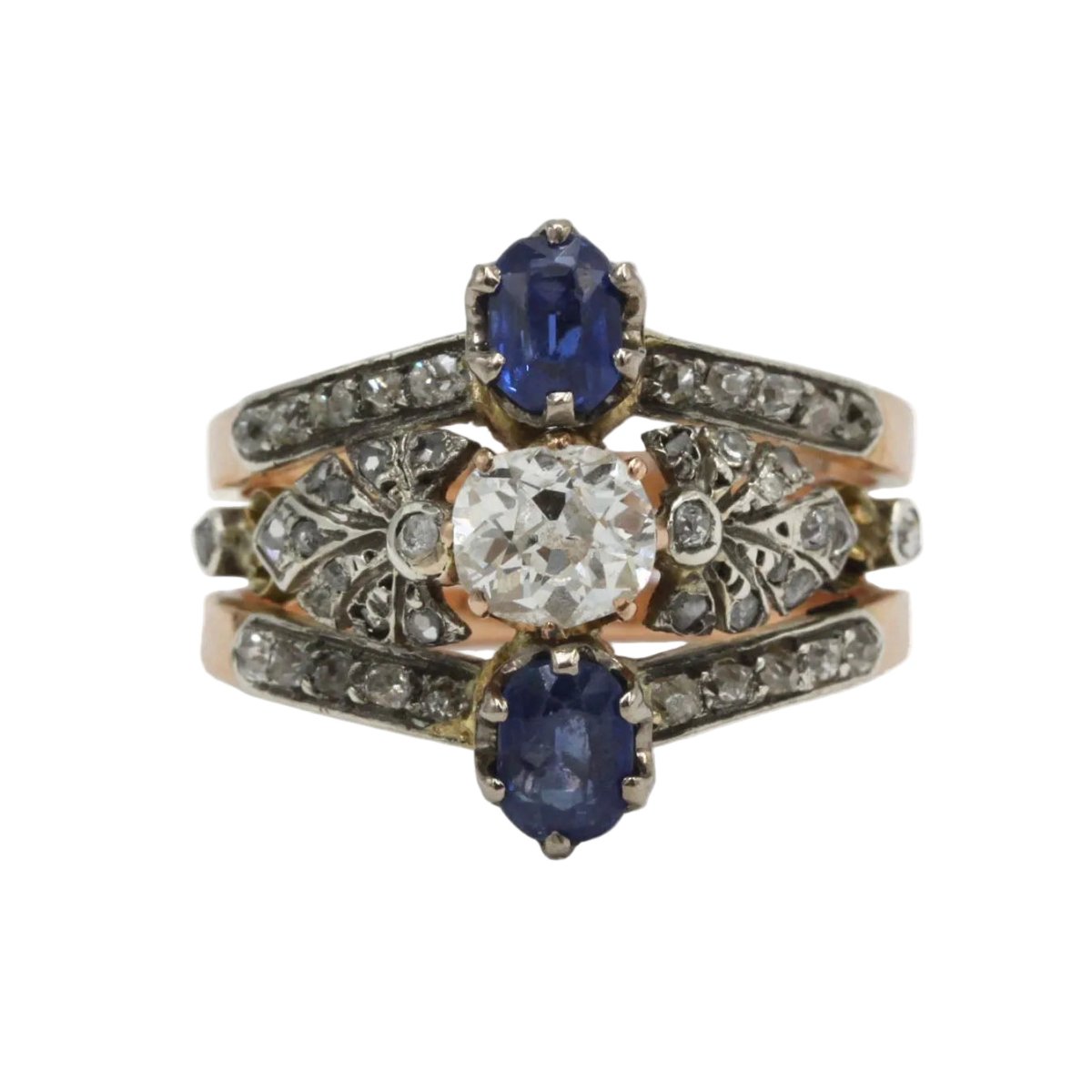 Bague Trilogie en or rose, argent, saphirs et diamants - Castafiore