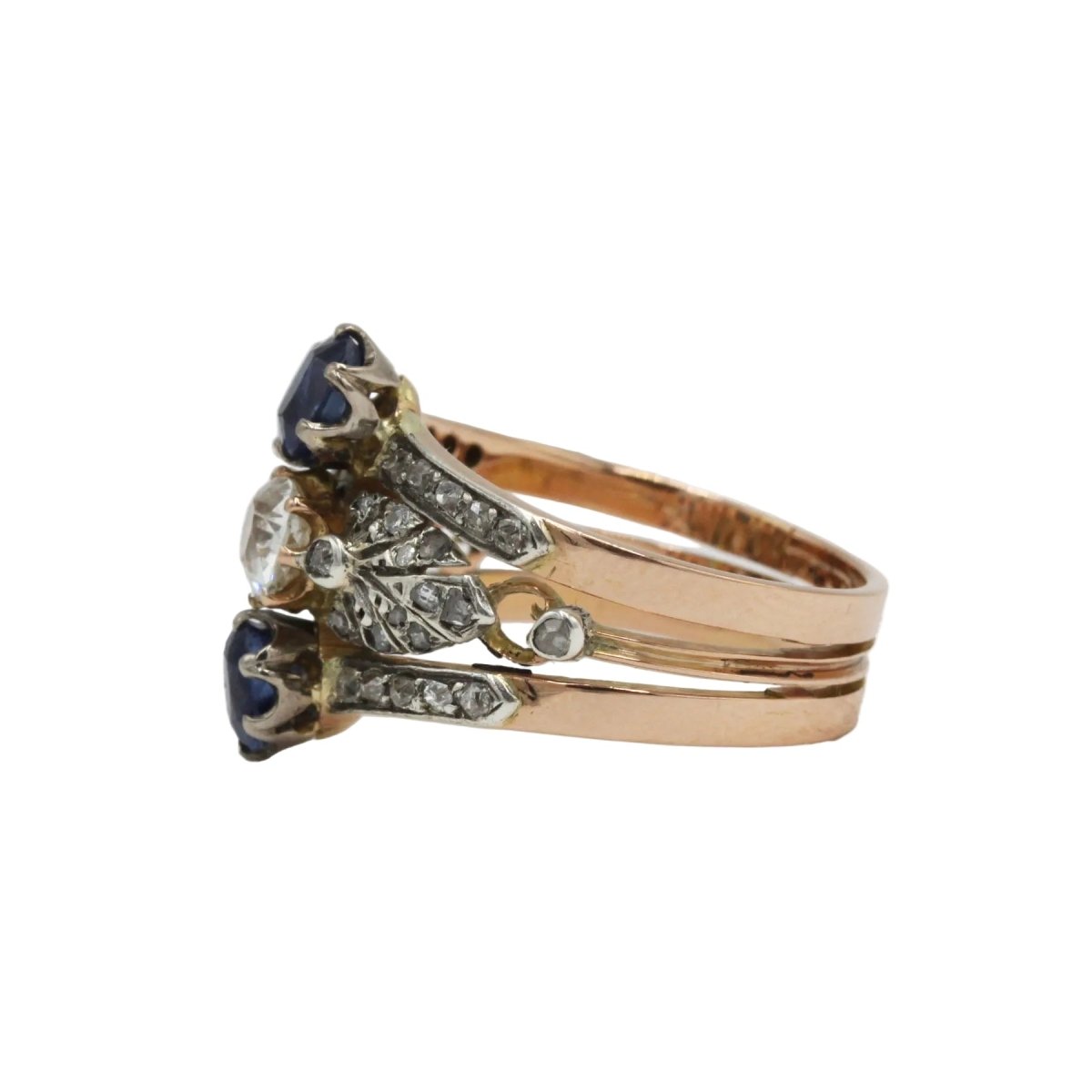 Bague Trilogie en or rose, argent, saphirs et diamants - Castafiore