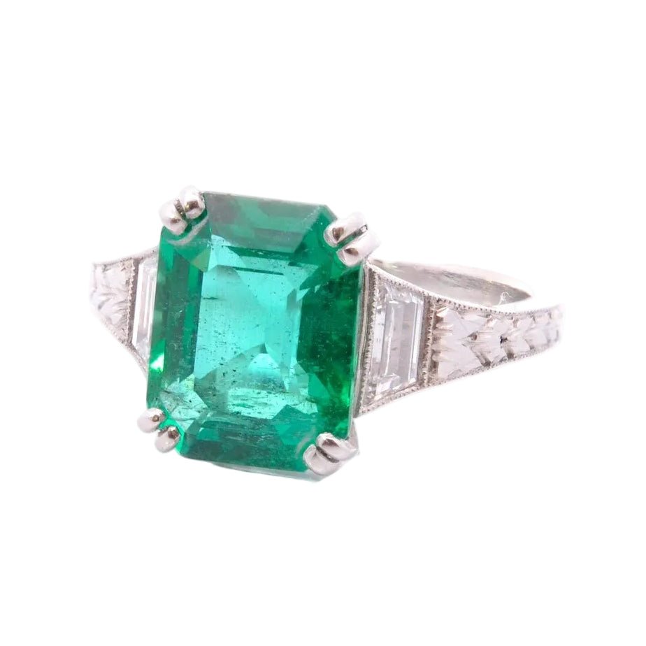 Bague Trilogie en platine, émeraude et diamants - Castafiore