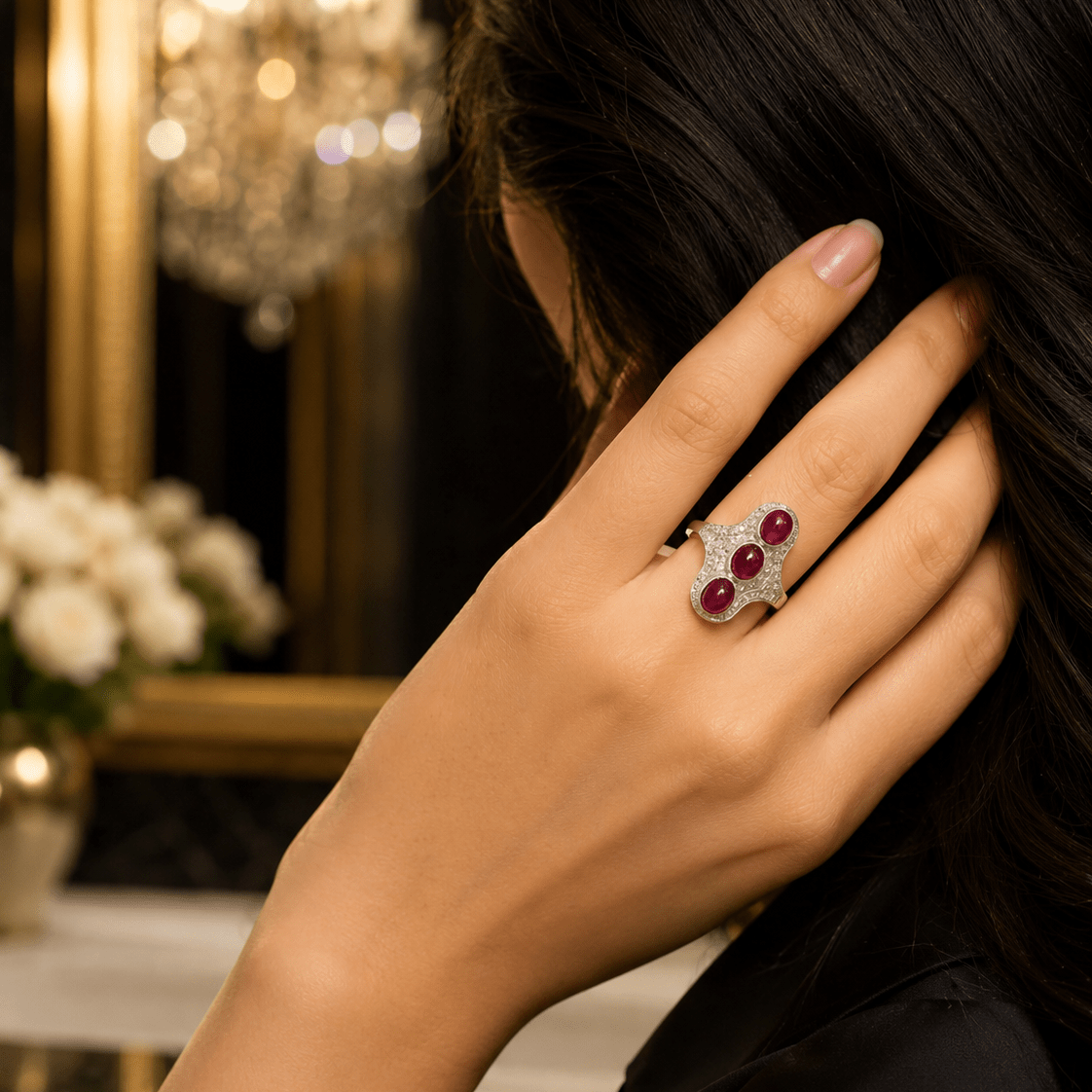 Bague Trilogie en platine, rubis et diamants
