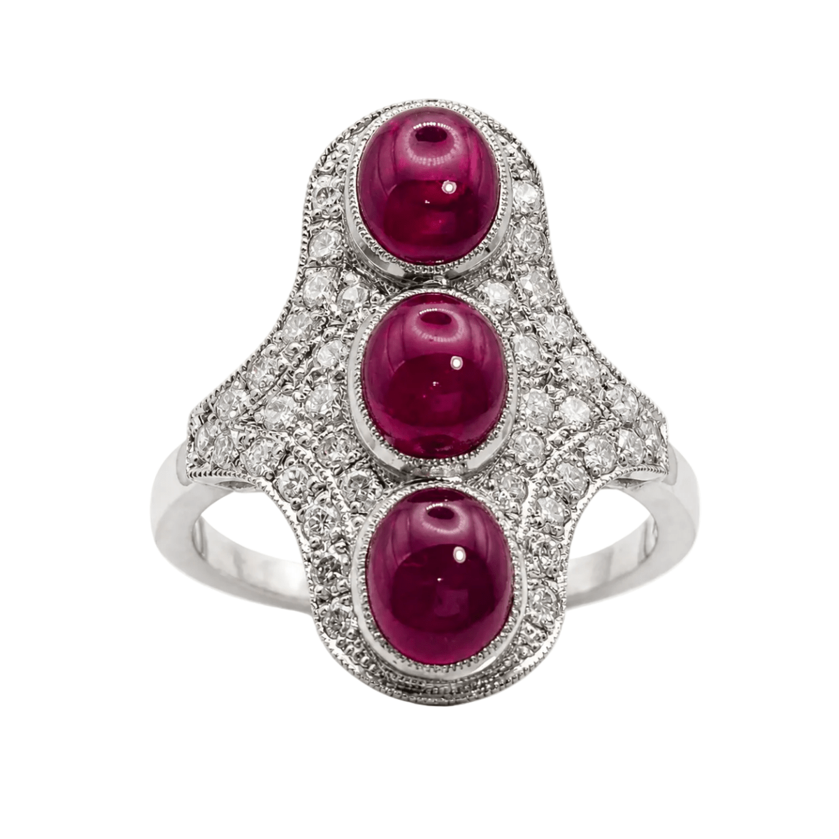 Bague Trilogie en platine, rubis et diamants
