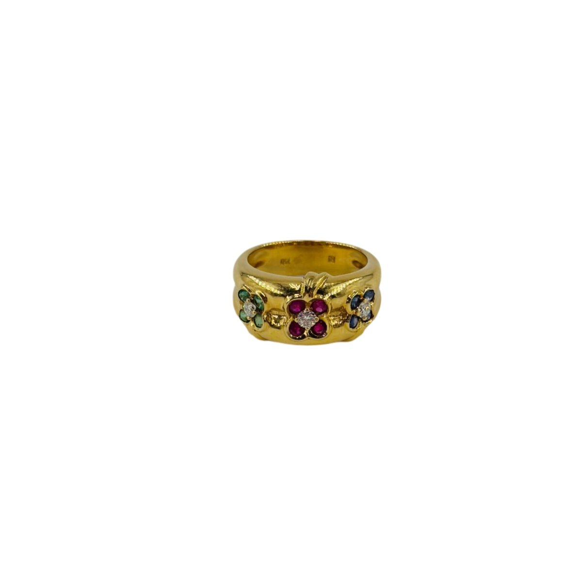 Bague "Trois fleurs" en or jaune, rubis, saphirs, émeraudes et diamants - Castafiore