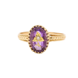 Bague victorienne or jaune améthyste gravée perle - Castafiore