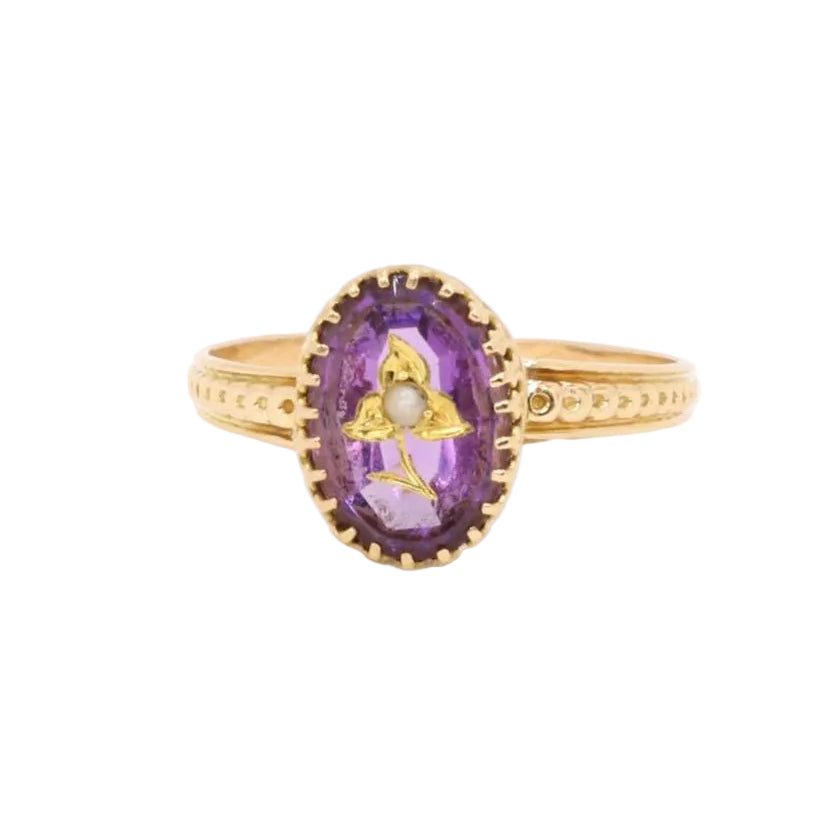Bague victorienne or jaune améthyste gravée perle - Castafiore