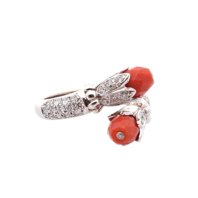 Bague VINTAGE Corail et diamants en or blanc - Castafiore