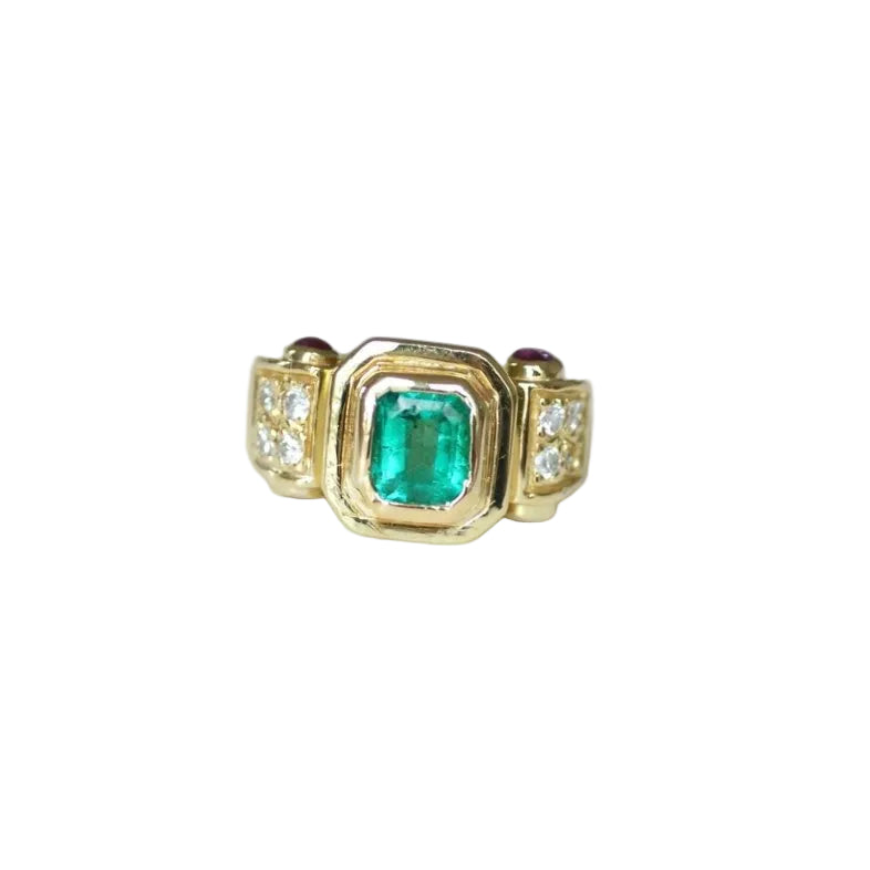 Bague Vintage Emeraude Colombienne, Diamants et Rubis sur Or Jaune - Castafiore