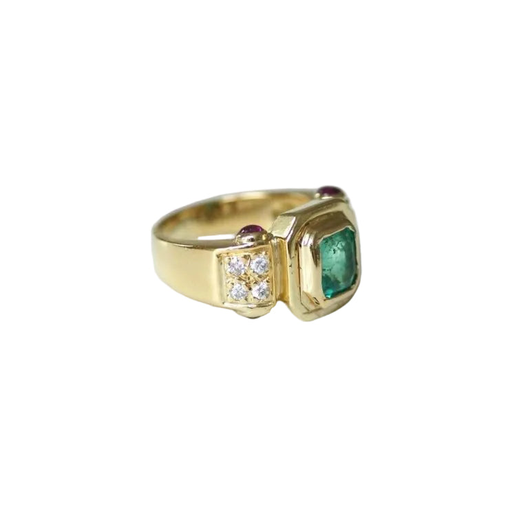 Bague Vintage Emeraude Colombienne, Diamants et Rubis sur Or Jaune - Castafiore