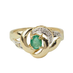 Bague vintage en or jaune, émeraude et diamants - Castafiore