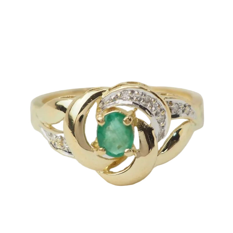 Bague vintage en or jaune, émeraude et diamants - Castafiore