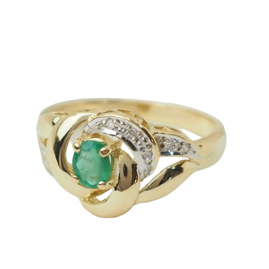 Bague vintage en or jaune, émeraude et diamants - Castafiore