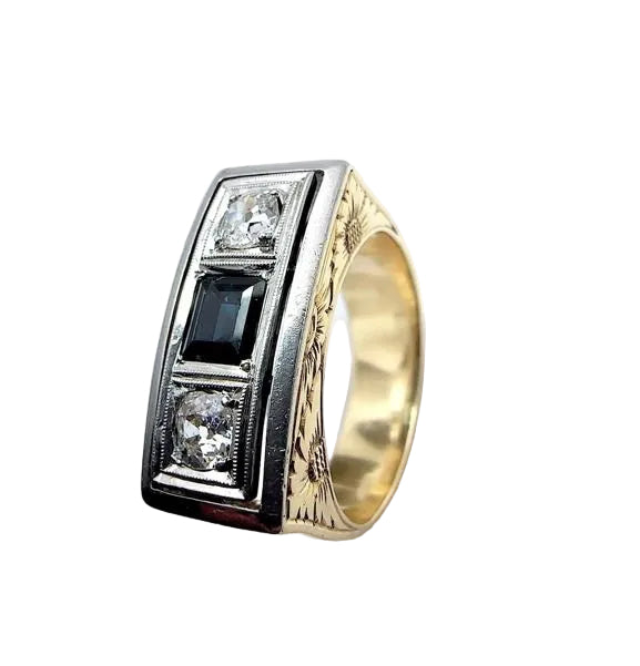Bague vintage en or jaune et platine avec saphir et diamants - Castafiore