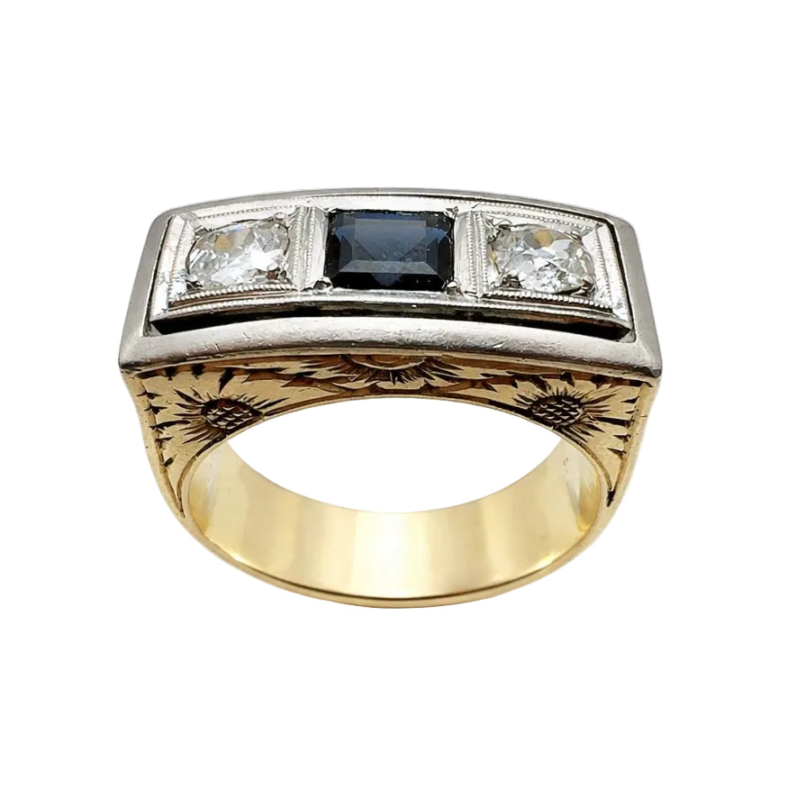 Bague vintage en or jaune et platine avec saphir et diamants - Castafiore
