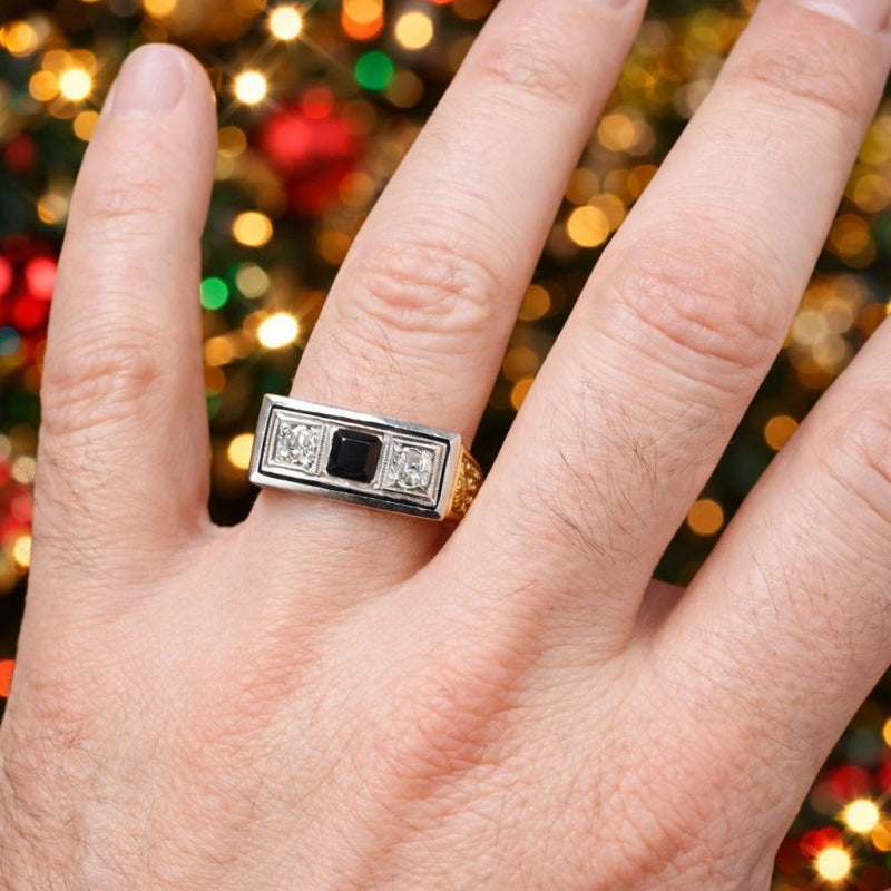 Bague vintage en or jaune et platine avec saphir et diamants - Castafiore
